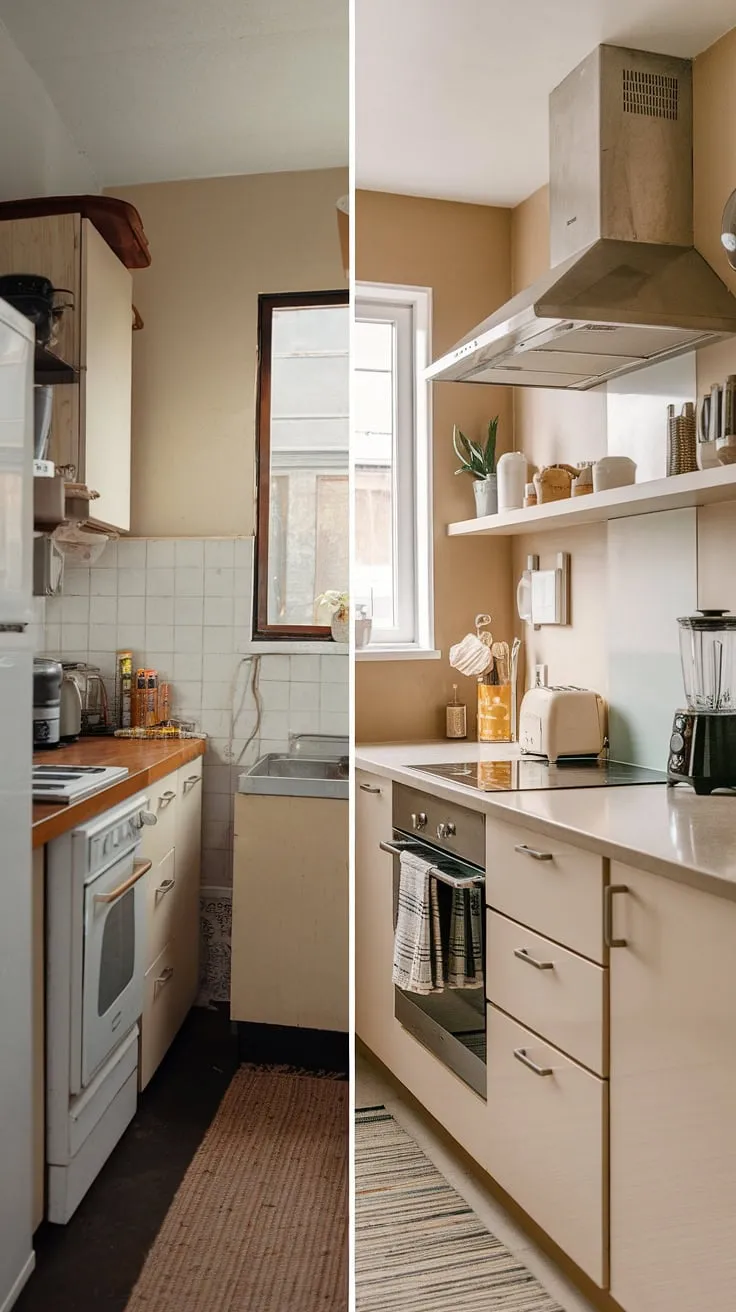 From outdated and cramped to bright and airy! This small kitchen before and after showcases the transformative power of smart small kitchen design.  We maximized space and light in this neutral galley kitchen, proving that even a small kitchen without wall cabinets can be stylish and functional.  This slim kitchen ideas project demonstrates how clever planning and small kitchen decor ideas can create a dream kitchen, even in an L-shaped small kitchen.