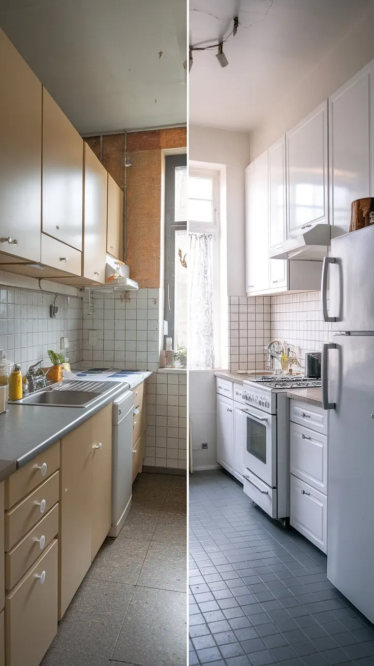 From drab beige to bright and airy! This small kitchen before and after showcases the transformative power of simple design.  Our small kitchen design focused on maximizing space and light, resulting in a stunning neutral galley kitchen.  The slim kitchen ideas, including the absence of upper cabinets, create a surprisingly spacious feel.  This l-shaped small kitchen, now boasting grey tiles and crisp white cabinets, is proof that even the smallest kitchens can be stylish and functional.  Explore more small kitchen decor ideas on our page.
