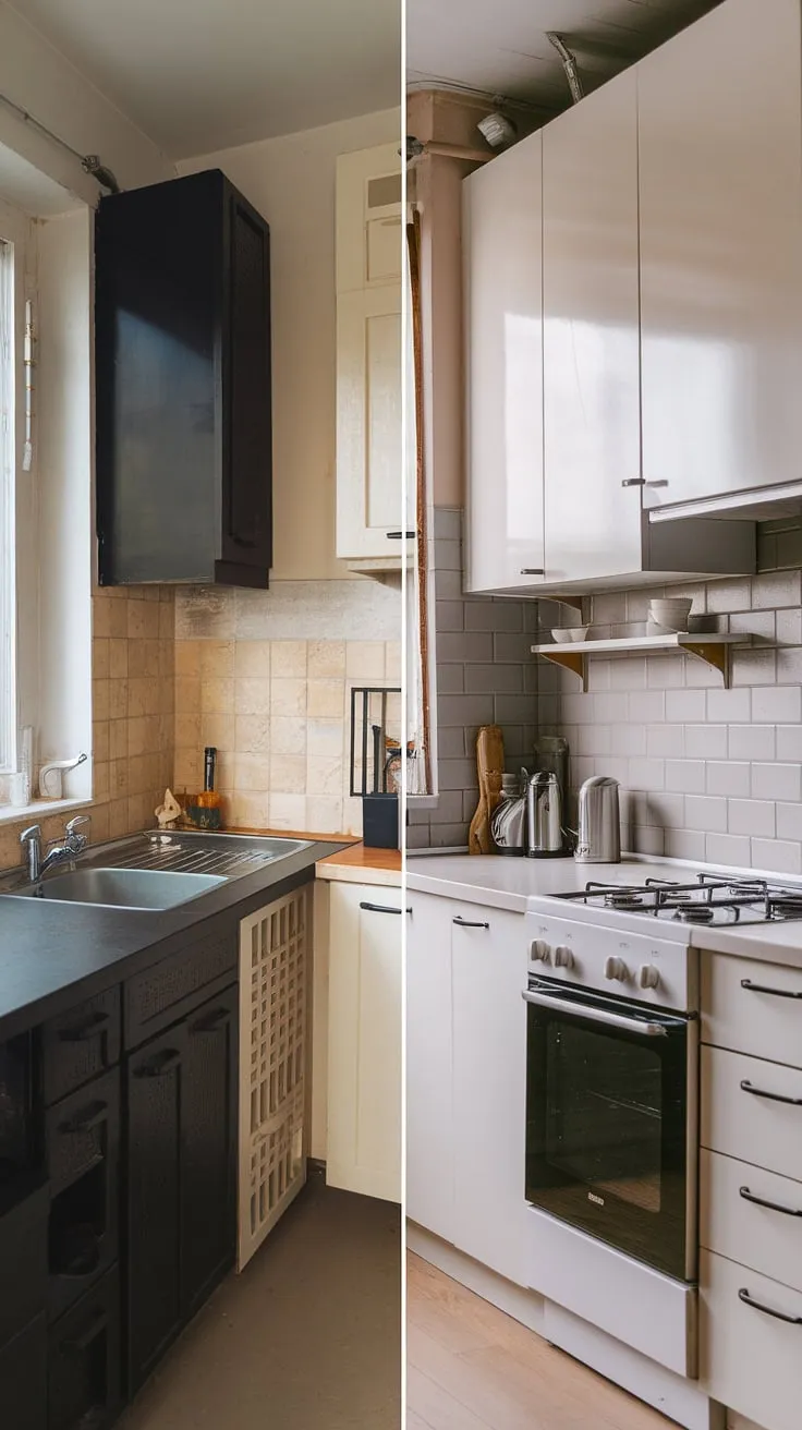 This small kitchen before and after is a testament to the magic of renovation!  The dark, dated space has been reborn as a bright and inviting neutral galley kitchen.  Clever small kitchen design, including the strategic placement of the sink and stove, and the incorporation of small kitchen decor ideas like a floating shelf, makes the most of every inch.  The result? A stunning example of slim kitchen ideas and L-shaped small kitchen ideas that's both stylish and functional.