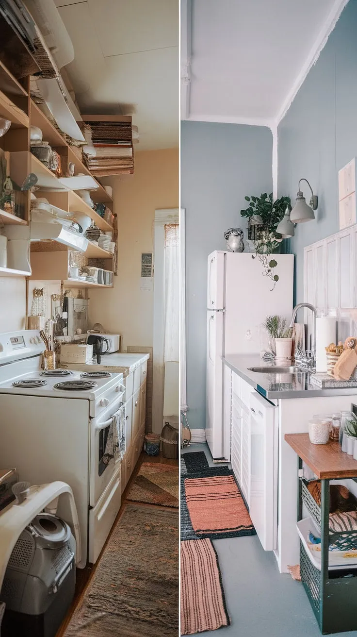 This small kitchen before and after is a testament to the magic of a good small kitchen design.  The cramped, cluttered space was completely reimagined into a sleek and minimalist neutral galley kitchen.  By removing the upper cabinets and embracing a clean aesthetic, we achieved a stunning transformation, offering inspiration for anyone seeking l-shaped small kitchen ideas or kitchen without wall cabinets.  This project is packed with small kitchen decor ideas for maximizing space and style in even the smallest of kitchens.