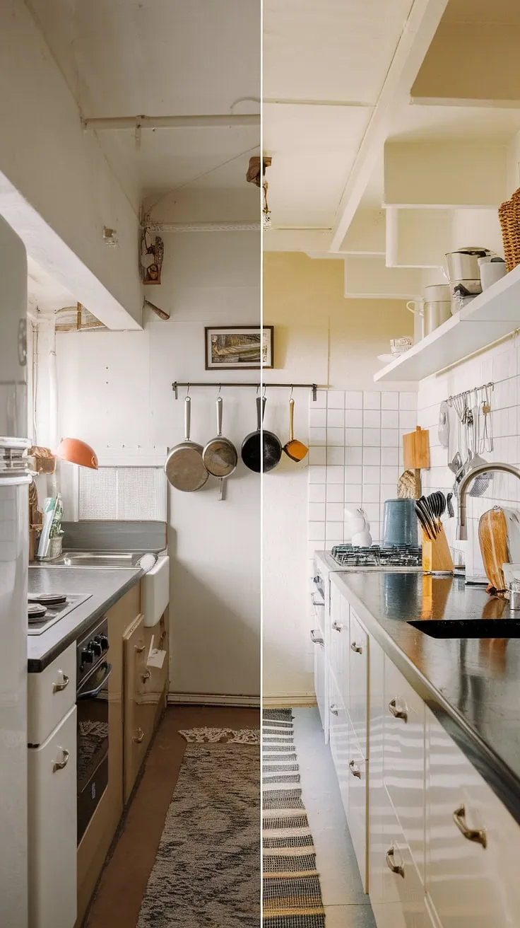 From cramped and dated to sleek and stylish! This small kitchen before and after showcases the transformative power of smart small kitchen design.  The neutral galley kitchen's outdated appliances and worn countertop are a distant memory, replaced by a stunning, functional space.  This slim kitchen design, featuring an L-shaped small kitchen layout and a kitchen without wall cabinets, maximizes space and creates a surprisingly spacious feel.  Plenty of small kitchen decor ideas were incorporated to elevate the aesthetic.