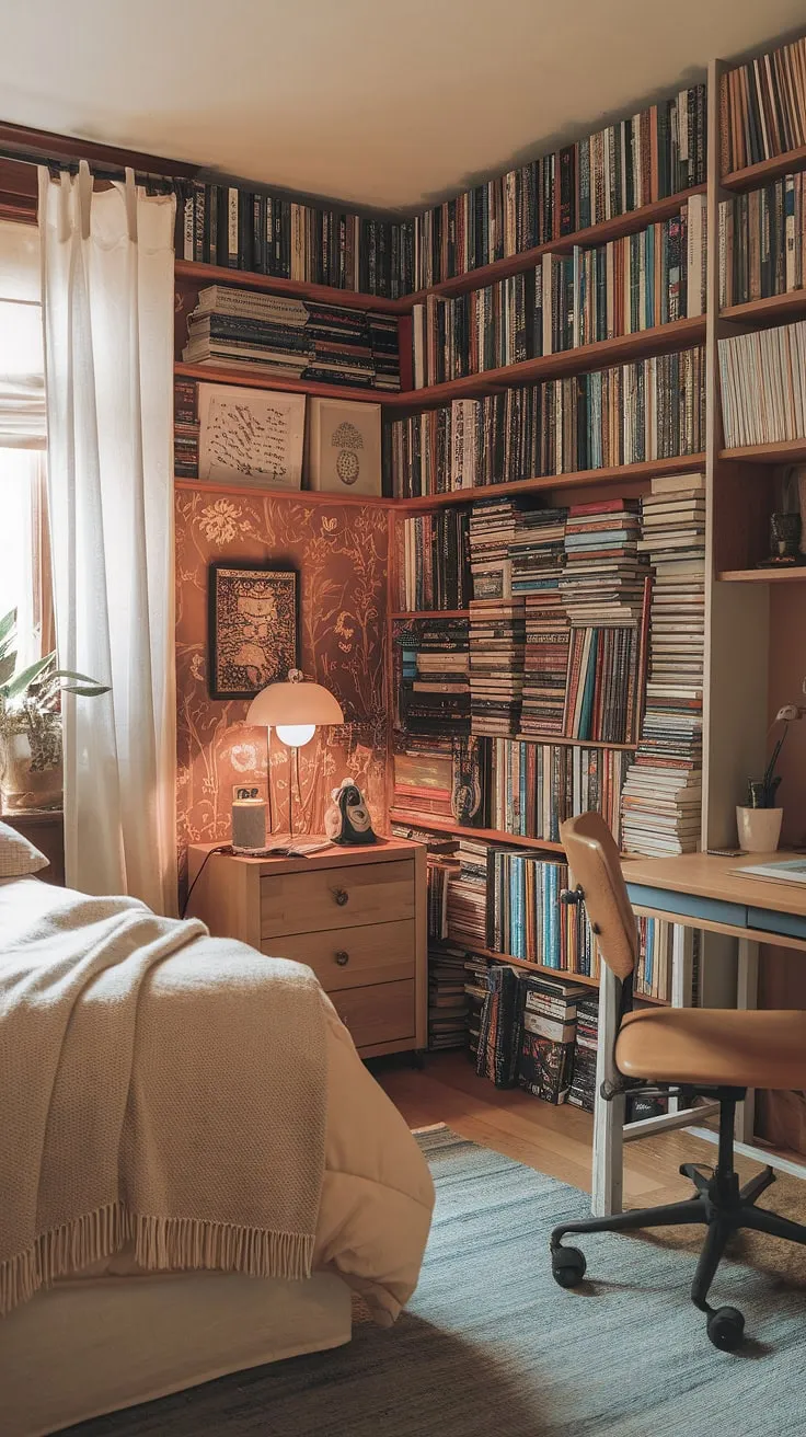 Transforming a small space into a haven of tranquility: this small cozy bedroom showcases the magic of a small library in the bedroom.  The warm color palette and thoughtful small spaces bedroom decor create a relaxing atmosphere.  Perfect small bedroom inspiration and clever organization for small spaces, proving that cozy small bedrooms can be incredibly stylish.