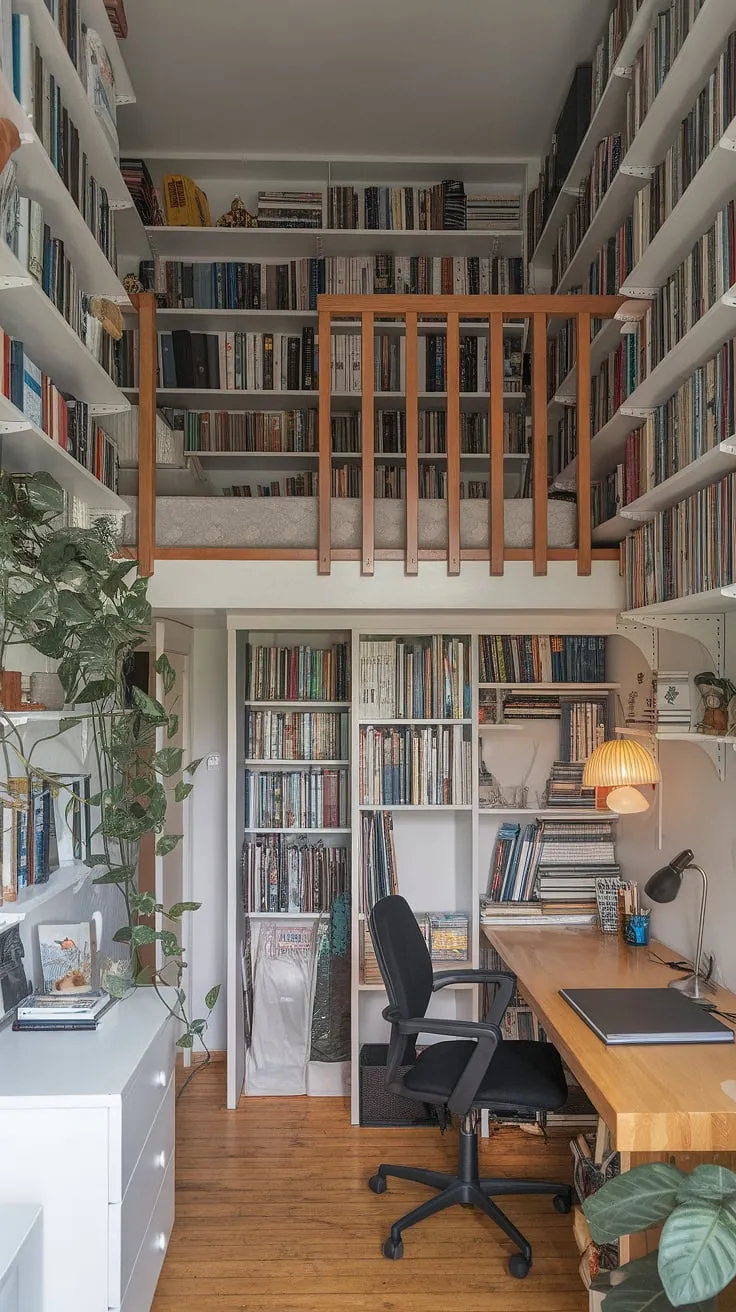 This small library in bedroom is the ultimate cozy bedroom with books.  Clever organization for small spaces maximizes comfort and style in this small cozy bedroom, offering small bedroom inspiration for anyone dreaming of a tiny room ideas bedrooms.  The perfect example of small spaces bedroom decor.