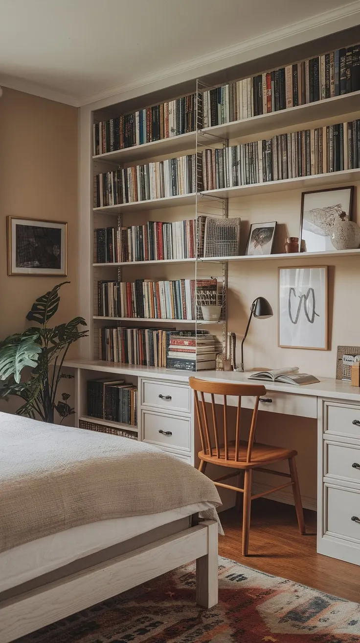 This small library in bedroom proves that cozy bedroom with books doesn't require vast space.  Clever organization for small spaces maximizes comfort and style in this small cozy bedroom, offering small bedroom inspiration for anyone dreaming of a tiny room ideas bedrooms.  The perfect example of small spaces bedroom decor.