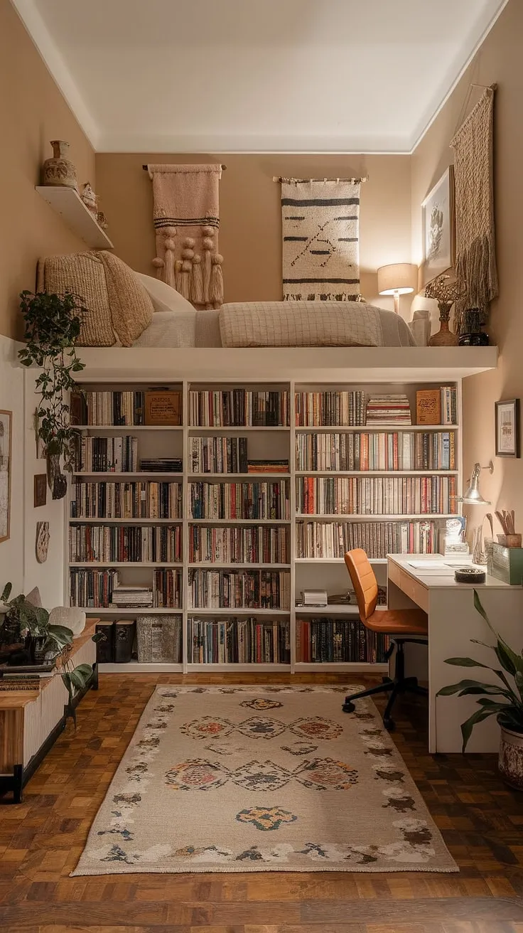 Dreamy small cozy bedrooms don't have to compromise on style or storage. This small bedroom inspiration demonstrates how a small library in bedroom, complete with clever organization for small spaces, can create a truly unique and inviting atmosphere.  The result?  A cozy bedroom with books that's both functional and utterly charming, perfect for tiny room ideas bedrooms.