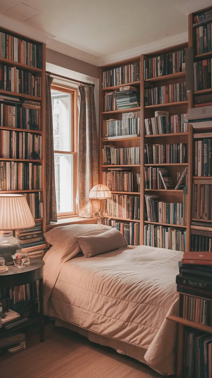This small cozy bedroom is a testament to the magic of clever organization for small spaces.  A small library in bedroom creates a unique and intimate atmosphere, perfect for curling up with a good book.  Find inspiration for your own cozy small bedrooms with this tiny room ideas bedrooms example – proving that big style doesn't require big space.  Small spaces bedroom decor at its finest.