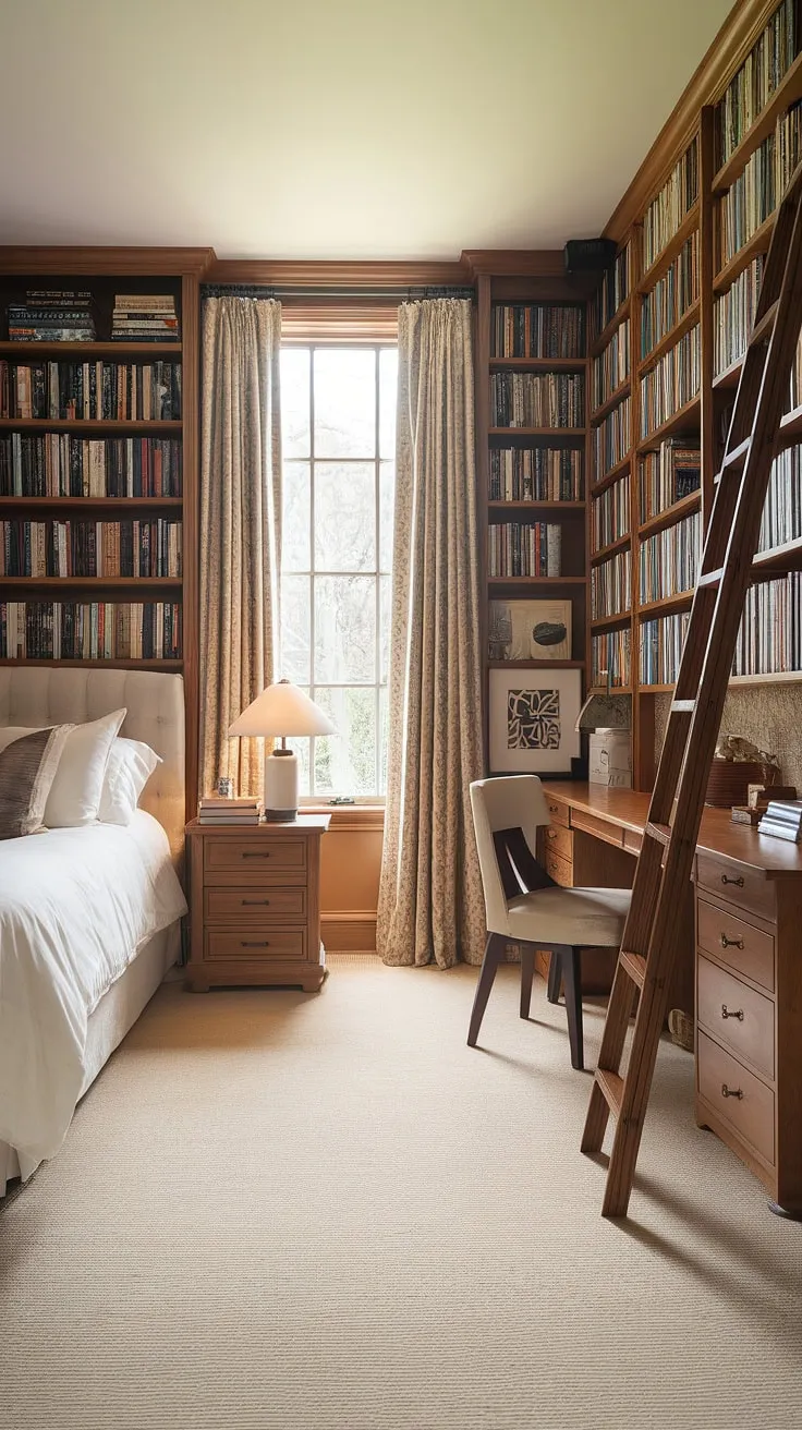 Dreamy small cozy bedrooms don't get more charming than this.  A small library in bedroom, perfectly organized with clever organization for small spaces, this room is small bedroom inspiration personified.  The perfect blend of comfort and functionality, it's a masterclass in tiny room ideas bedrooms and small spaces bedroom decor.