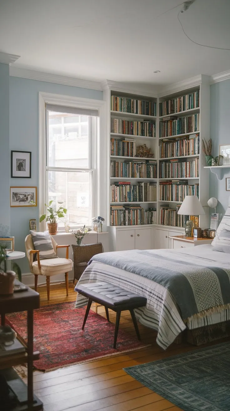 Escape to this cozy bedroom with books, where a small library in the bedroom creates the ultimate reading nook.  Clever organization for small spaces maximizes comfort in this small cozy bedroom, offering small bedroom inspiration and perfect tiny room ideas bedrooms for those seeking small spaces bedroom decor.