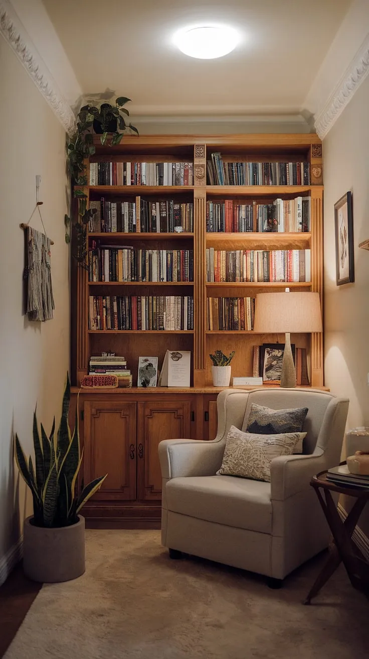 Transform a corner of your home into a sanctuary of stories with this inspiring mini library.  This home library design showcases clever book storage solutions within a small library, perfect for apartment decor inspiration. The soft lighting, comfortable armchair, and lush plant create a cozy reading nook – a true dream room inspiration.  Find your next home decor ideas and interior design inspiration within this inviting space.