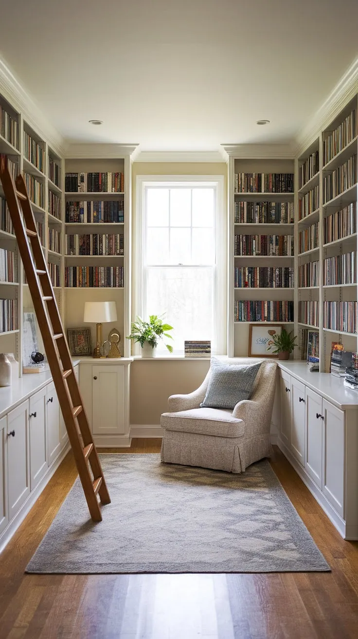 Escape the everyday in this charming small library, a perfect example of mini library design and home library design.  The cozy reading nook, complete with book storage solutions, offers the ultimate apartment decor inspiration and dream room inspiration. This library room is brimming with home decor ideas and interior design inspiration, proving that even a small space can be a haven for book lovers.