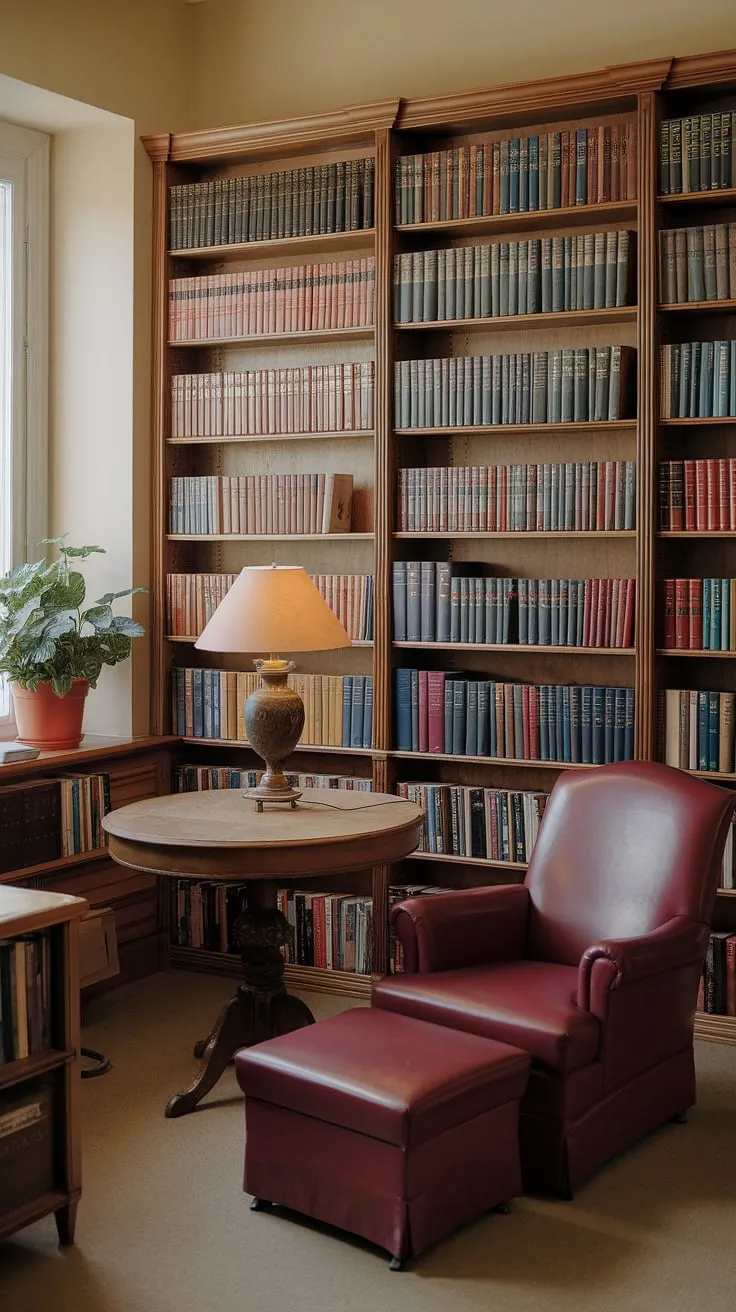 Transform a small space into a haven of literary delight. This library room, with its floor-to-ceiling bookshelves and inviting red armchair, is the ultimate cozy reading nook and a perfect example of home library design.  Find inspiration for your own apartment decor and discover clever book storage solutions – the perfect home decor ideas for your dream room inspiration.