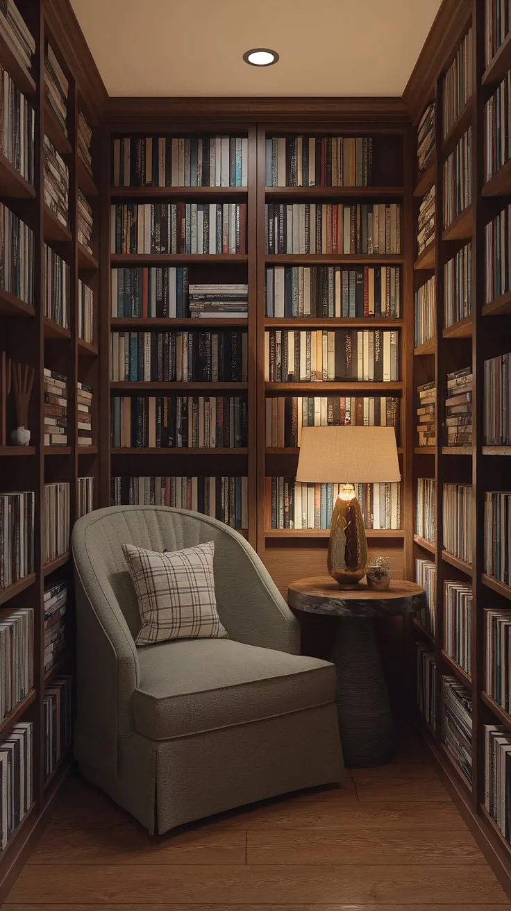 Escape the everyday in this charming small library, a perfect blend of home library design and cozy reading nook.  The clever book storage solutions maximize space, making this mini library the ultimate apartment decor inspiration and dream room inspiration for book lovers.  Warm lighting and inviting textures complete this library room, offering endless home decor ideas and interior design inspiration.