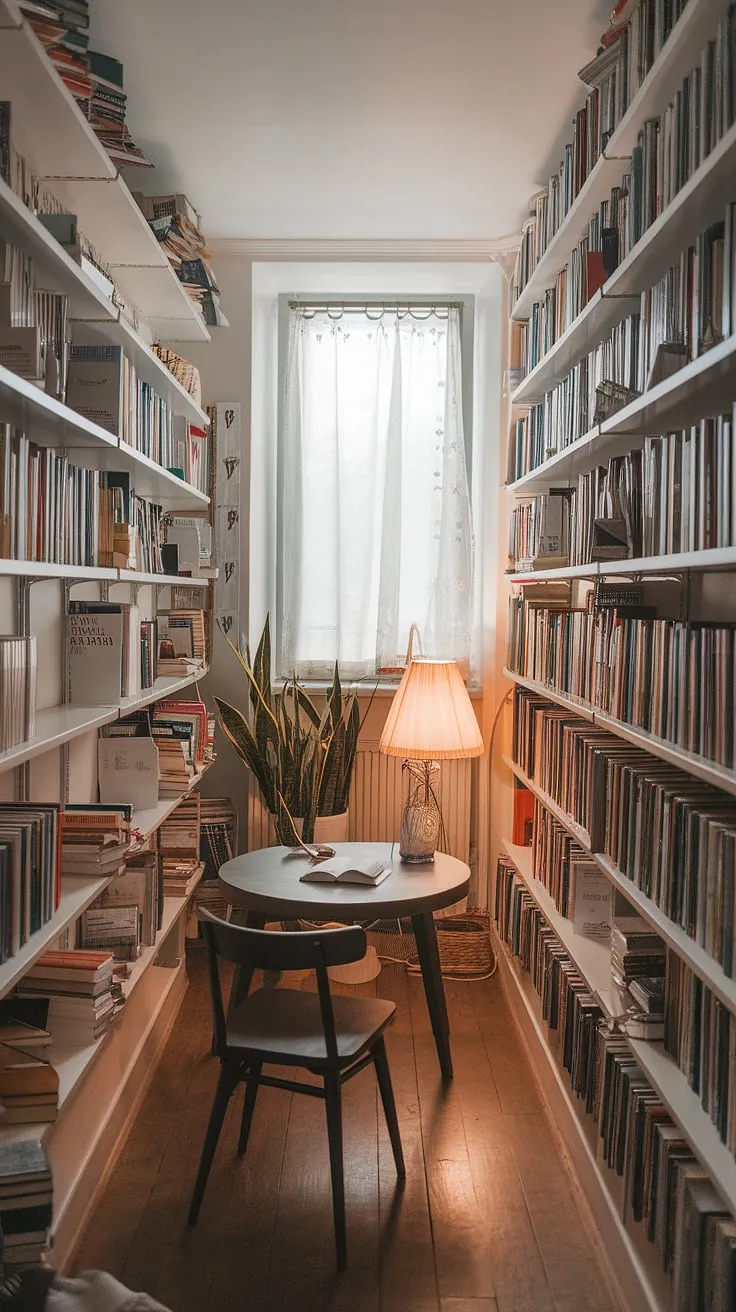 Escape the everyday in this cozy reading nook, a testament to home library design.  This small library, brimming with book storage solutions, offers apartment decor inspiration and serves as a perfect example of dream room inspiration. The mini library's warm lighting and thoughtful home decor ideas create the ideal interior design inspiration for your own library room.