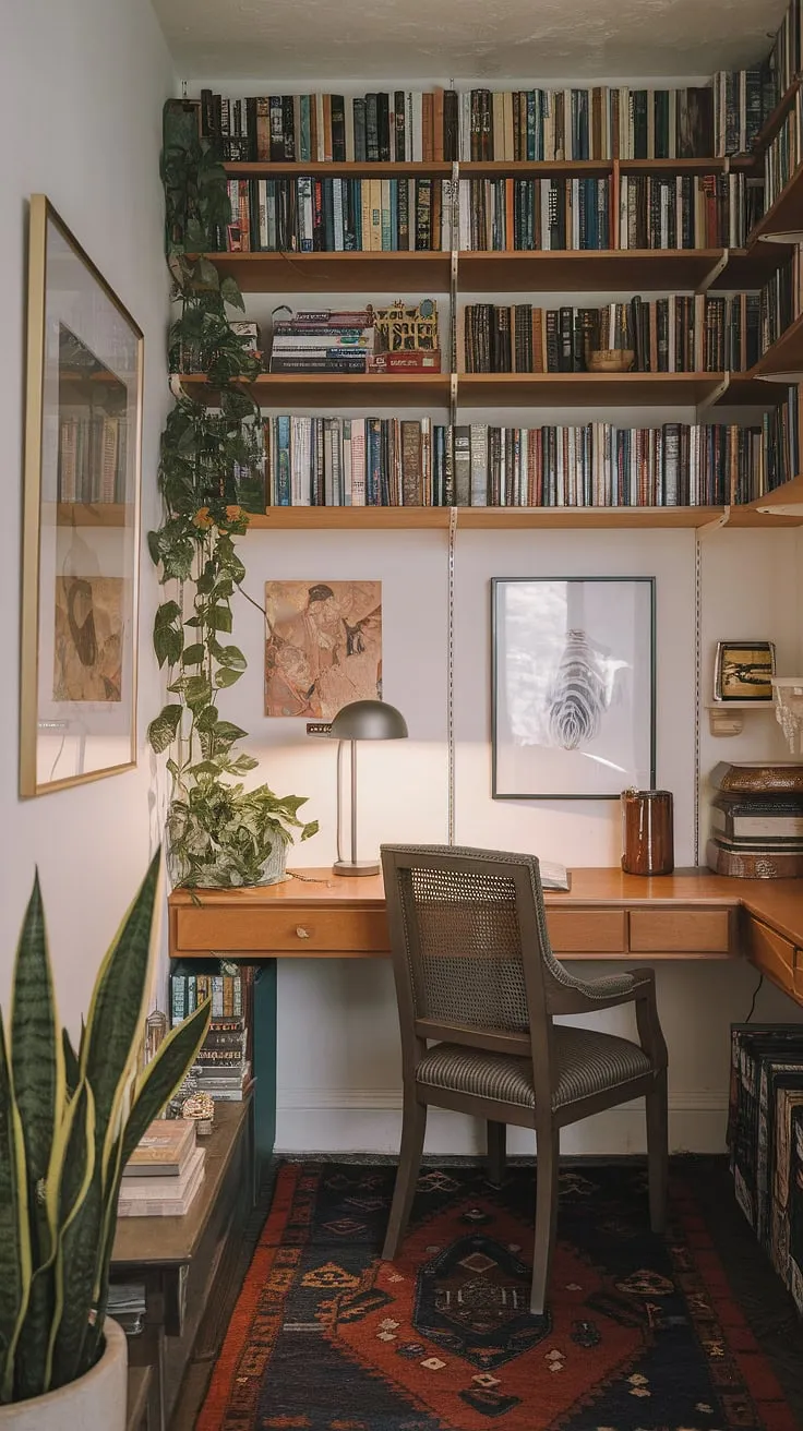 Transform a small space into a mini library with this inspiring home library design.  Clever book storage solutions maximize space, while the warm lighting and artwork create a cozy reading nook perfect for quiet contemplation.  Find your own apartment decor inspiration and dream room inspiration with this charming library room, a delightful example of interior design inspiration.