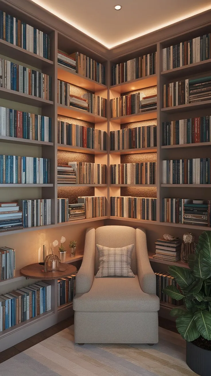 Transform a small space into a grand library room with this home library design.  This mini library showcases ingenious book storage solutions, creating a cozy reading nook perfect for quiet contemplation.  Apartment decor inspiration abounds in this warm and inviting space, a true dream room inspiration.  Explore these home decor ideas for your own haven of literary bliss.  The ultimate interior design inspiration for bookworms everywhere.