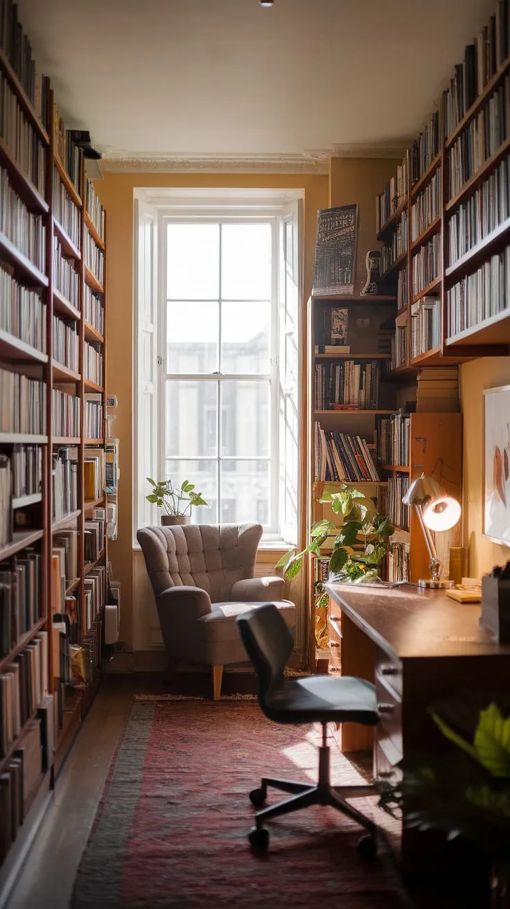 Escape the everyday in this cozy small library, a testament to home library design.  The perfect blend of book storage solutions and apartment decor inspiration, this mini library offers a dream room inspiration for any book lover.  A plush chair by the window creates the ultimate cozy reading nook, making it the ideal spot for quiet contemplation. This library room is brimming with home decor ideas and interior design inspiration.