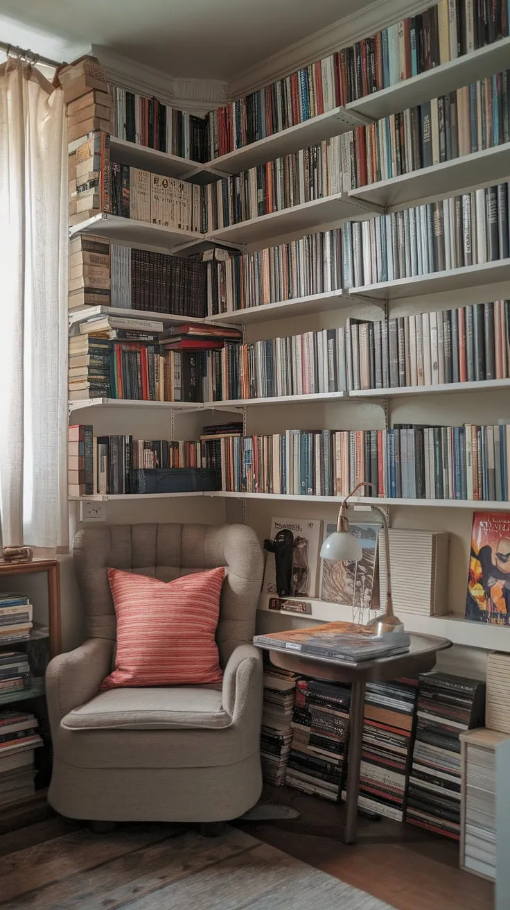 Transform your apartment into a haven of literary delight with this mini library.  This home library design showcases clever book storage solutions within a cozy reading nook, creating the ultimate library room.  Find your dream room inspiration in this small library, a perfect example of apartment decor inspiration and home decor ideas that blend functionality with style. The interior design inspiration is evident in every detail.