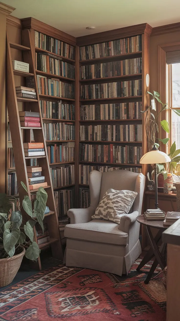 Transform a small space into a grand escape with this inspiring library room.  Clever book storage solutions, like the charming ladder, maximize space in this mini library, while a cozy reading nook provides the ultimate comfort. This home library design is packed with apartment decor inspiration, making it the perfect dream room inspiration for those seeking a cozy sanctuary.  The warm color palette and thoughtful home decor ideas showcase beautiful interior design inspiration.