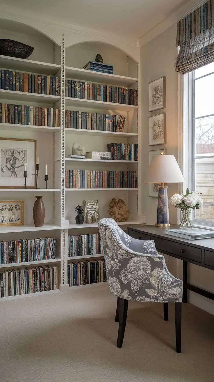 Escape the everyday in this cozy reading nook, a testament to the magic of a small library.  This home library design, perfect for apartment decor inspiration, offers clever book storage solutions and is brimming with dream room inspiration.  The soft lighting and thoughtful home decor ideas create the ultimate library room.