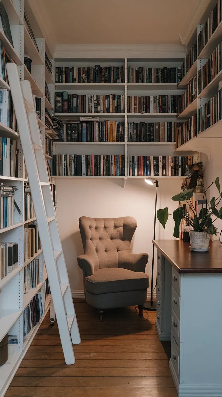 This mini library is the epitome of cozy reading nook perfection.  Smart book storage solutions and a strategically placed ladder make accessing your favorite reads a breeze in this thoughtfully designed library room.  Perfect apartment decor inspiration and dream room inspiration, this small library showcases how to create a haven for book lovers.  Find endless home decor ideas and interior design inspiration within this inviting space.