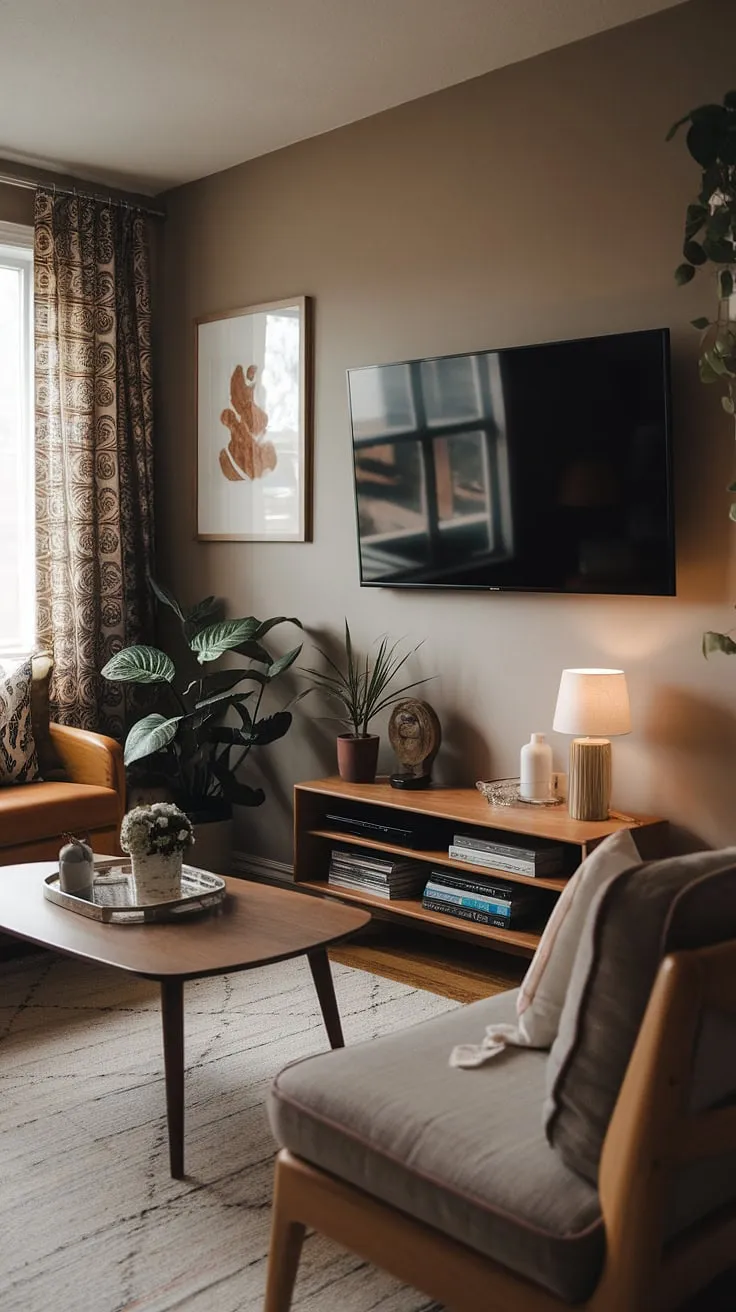 Maximize space and style in this small living room with a dedicated TV wall.  Japandi design elements create a calm and sophisticated atmosphere, perfect for movie nights. This snug TV room showcases clever small tv room layout ideas and narrow tv room ideas, offering inspiration for your own media lounge room ideas or narrow media room design.  The mid-century modern couch and wooden coffee table add warmth, proving that even small tv room design ideas can be both functional and beautiful.