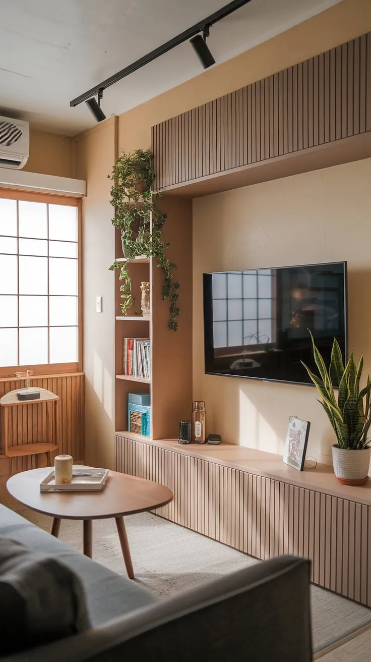 Maximize space and style in this cozy Japandi movie room.  Clever built-ins on the tv wall create a stunning focal point, perfect for showcasing your media collection, while the narrow layout is surprisingly spacious thanks to smart small tv room design ideas. This small living room tv wall exemplifies the best in tv lounge ideas for small spaces and narrow media room solutions.  It's the ultimate snug tv room ideas for a relaxing movie night.