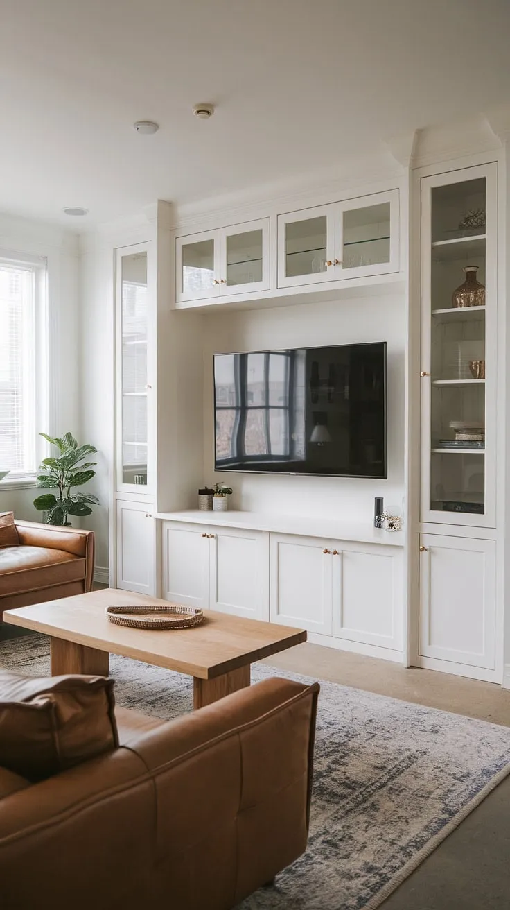 Transform your narrow media room into a serene Japandi movie room with this small tv room design.  This small tv room layout demonstrates how a built-in entertainment center on the tv wall can optimize space, offering practical small tv room ideas.  Find inspiration for your media lounge room ideas and create a cozy and stylish snug tv room, even in the smallest of spaces.