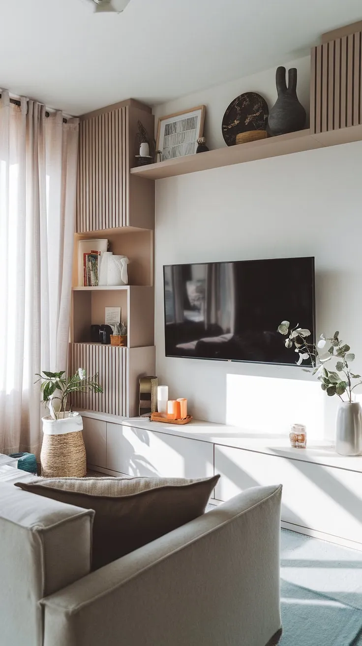Maximize space and style in this small living room with a dedicated TV wall.  Clever design solutions offer inspiration for tv lounge ideas in small spaces, showcasing a Japandi movie room aesthetic perfect for snug tv room ideas. This narrow media room demonstrates how to create a functional and beautiful small tv room layout, offering plenty of small tv room design ideas for narrow tv room ideas and media lounge room ideas.