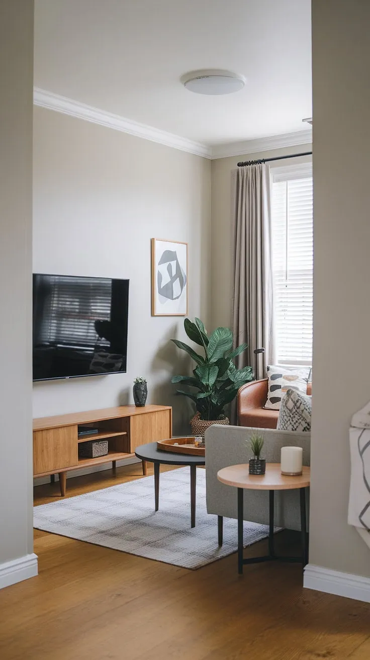 Transform a narrow media room into a serene Japandi movie room. This small tv room layout demonstrates that clever small tv room ideas layout can create a cozy and stylish snug tv room.  The small living room tv wall is the focal point, offering inspiration for tv lounge ideas in small spaces and media lounge room ideas.  Discover how to maximize space and style with these narrow tv room ideas for your own small tv room design ideas.