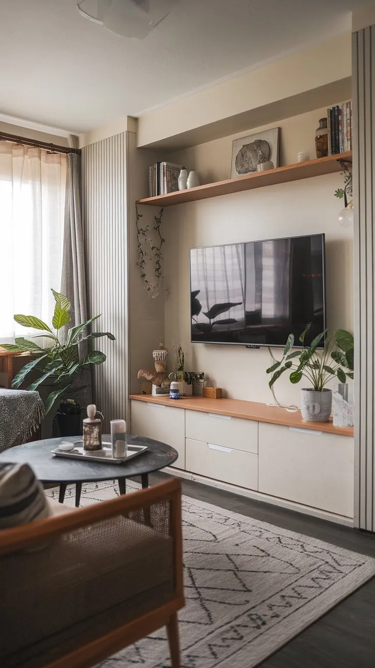 Maximize space and style in this small living room tv wall, showcasing clever tv lounge ideas for small spaces.  The Japandi design blends Scandinavian minimalism with Japanese serenity, creating a snug tv room perfect for movie nights. This narrow tv room demonstrates how to achieve a functional and aesthetically pleasing narrow media room, offering inspiring small tv room design ideas and small tv room ideas layout for your own media lounge room.