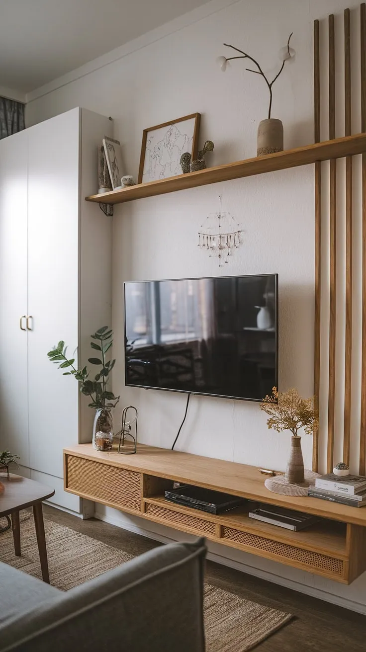 This small tv room design ideas showcases a japandi aesthetic, proving that even narrow media rooms can be stylish and comfortable.  The small tv room layout maximizes space, offering snug tv room ideas and plenty of inspiration for tv lounge ideas small spaces.  Discover clever media lounge room ideas and small living room tv wall solutions for your own narrow tv room.