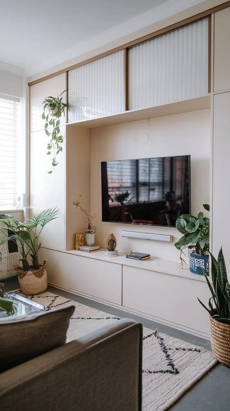 Maximize space and style in this small living room with a cleverly designed TV wall.  This Japandi movie room showcases smart storage solutions and a calming atmosphere, perfect for snug tv room ideas and offering inspiration for narrow tv room ideas, small tv room layout, and small tv room design ideas.  It's a masterclass in tv lounge ideas for small spaces and narrow media room solutions, proving that even a small tv room can be a haven of sophisticated media lounge room ideas.