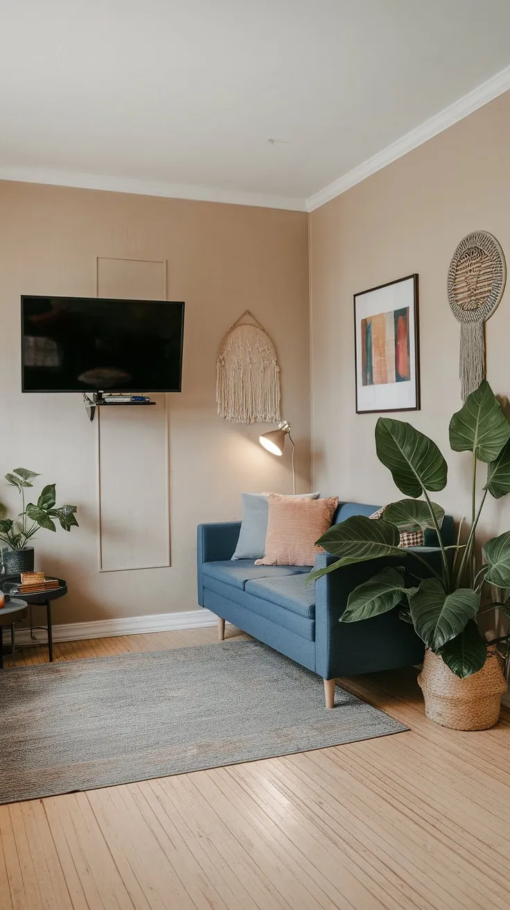 This small tv room layout proves that even narrow media rooms can be stylish and functional.  With a few well-chosen pieces, this snug tv room effortlessly blends Japandi aesthetics with practical tv lounge ideas for small spaces.  Get inspired by this small living room TV wall and discover your own perfect small tv room design ideas.