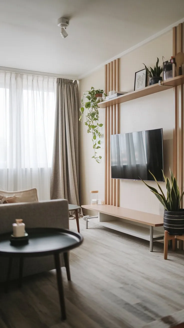 Maximize space and style in this small living room with a dedicated TV wall.  Japandi design elements create a calm and functional media lounge room, perfect for cozy movie nights. This narrow tv room showcases clever small tv room layout ideas and small tv room design ideas, proving that even snug tv room ideas can be stylish and functional.  This narrow media room is a testament to the beauty of small tv room ideas layout, offering inspiration for tv lounge ideas small spaces.