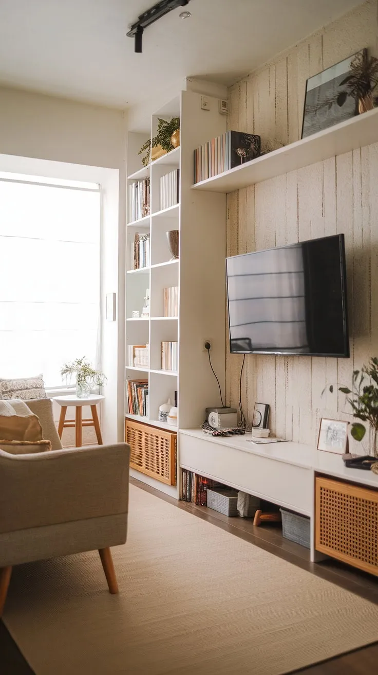 Maximize space and style in this small living room with a dedicated TV wall.  Japandi design elements create a calm and functional snug tv room, perfect for movie nights. This narrow media room showcases clever small tv room layout ideas and offers inspiration for tv lounge ideas in small spaces, demonstrating how to create a cozy and stylish japandi movie room even in a narrow tv room.