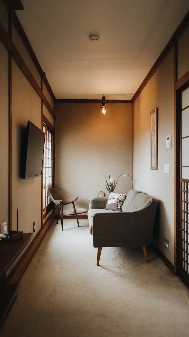 This small tv room layout proves that even a narrow media room can be a haven of calm.  Japandi movie room vibes meet practical small tv room ideas, resulting in a cozy and intimate space.  Explore these snug tv room ideas and discover how to create a functional and stylish media lounge room, perfect for relaxing after a long day.
