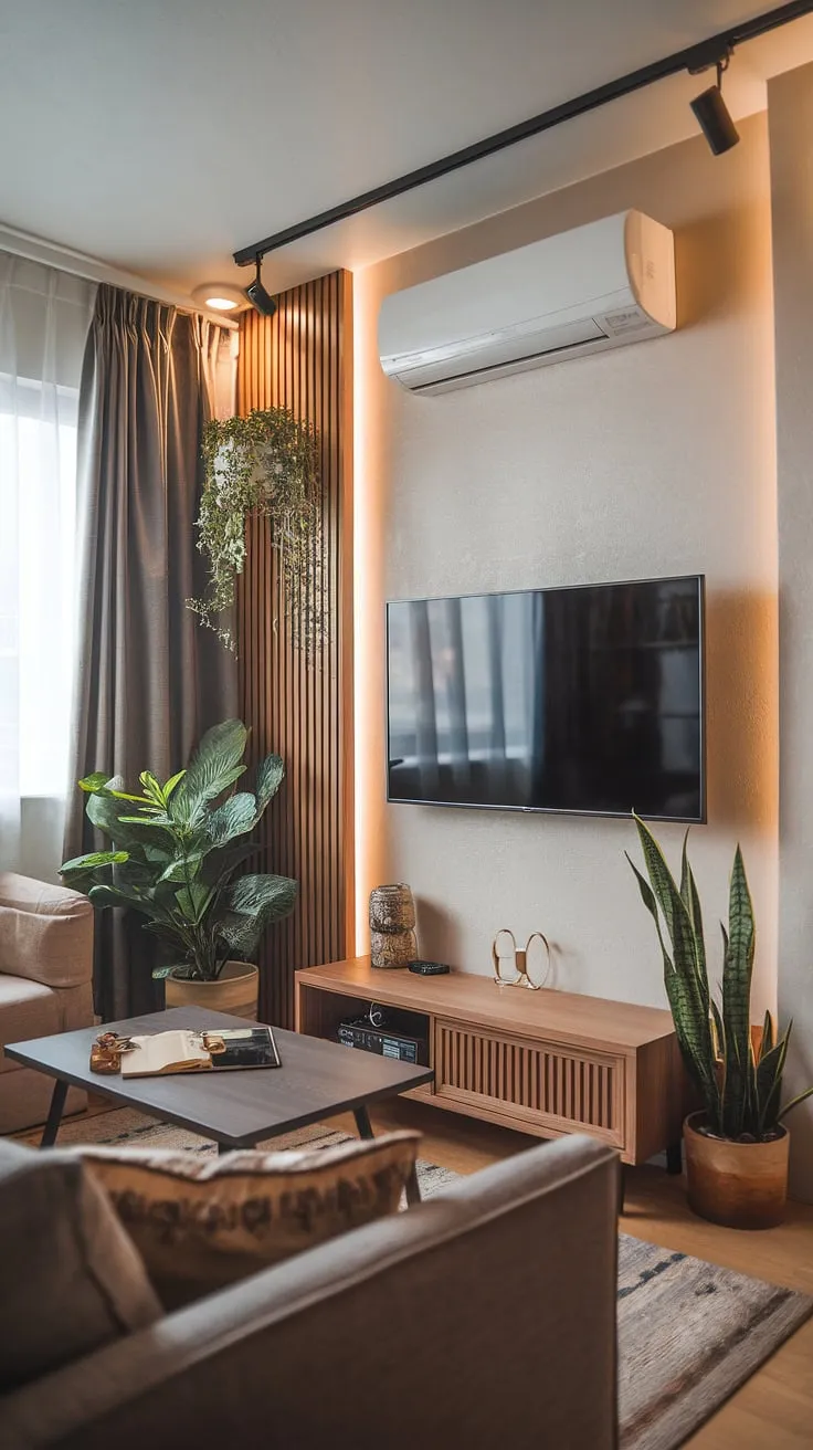Maximize space and style in this small living room with a dedicated TV wall.  Japandi design elements create a serene and functional media lounge, perfect for cozy movie nights. This narrow TV room showcases clever small tv room layout ideas, offering inspiration for snug tv room ideas and narrow media room solutions.  Explore small tv room design ideas and tv lounge ideas for small spaces to achieve a similar look.
