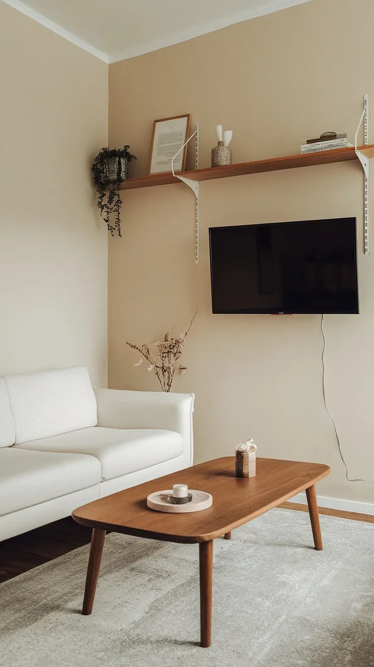 This small tv room layout proves that even narrow media rooms can be stylish and functional.  The Japandi aesthetic creates a calming snug tv room, perfect for movie nights.  Explore these small tv room ideas layout and tv lounge ideas small spaces, showcasing a small living room tv wall solution that's big on impact.  Get inspired by these media lounge room ideas for narrow tv room ideas.