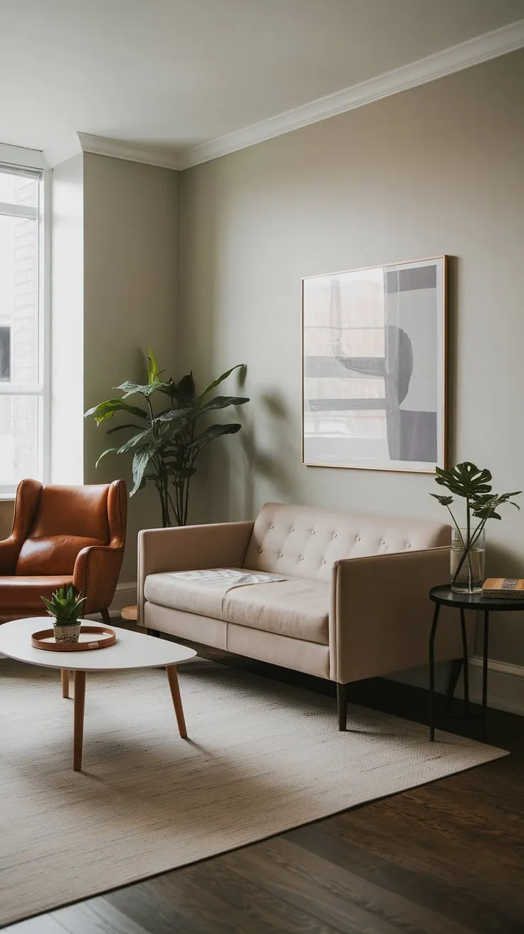 This small apartment living room is a testament to the power of thoughtful design.  With a neutral palette and strategic placement of furniture, this space feels both comfortable and stylish.  Get inspired by these small living room ideas and discover how to create a beautiful living room on a budget, even in the smallest of apartments.  Apartment living room decor doesn't have to be expensive; it just needs to be clever.