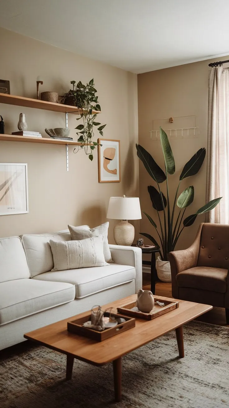 Maximize space and style in your small apartment living room with these simple small living room ideas. This apartment living room decor showcases how to create a comfortable and inviting space without breaking the bank, proving that living room on a budget is entirely achievable.  The result? A charming small living room that feels both spacious and sophisticated.