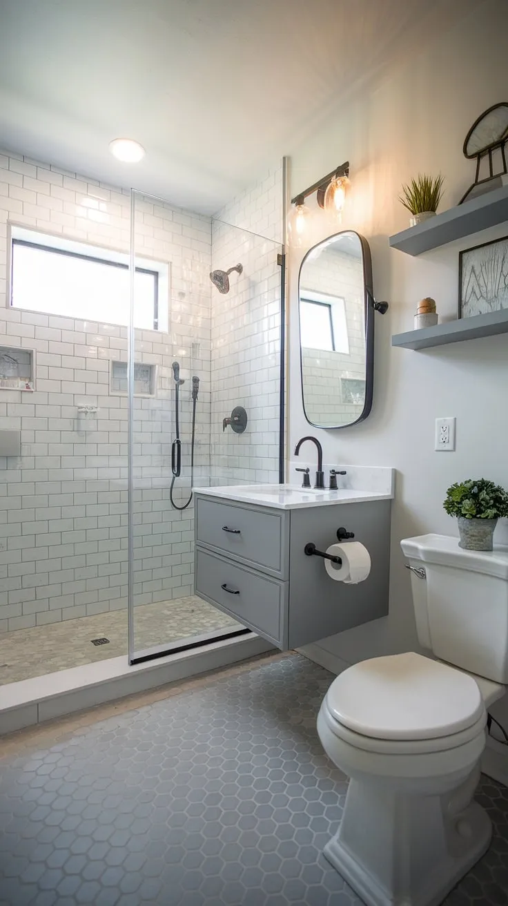 Maximize space and style in this chic small master bath. The shower remodel and clever small bathroom design create a luxurious primary bath, perfect for bathroom inspiration decor.
