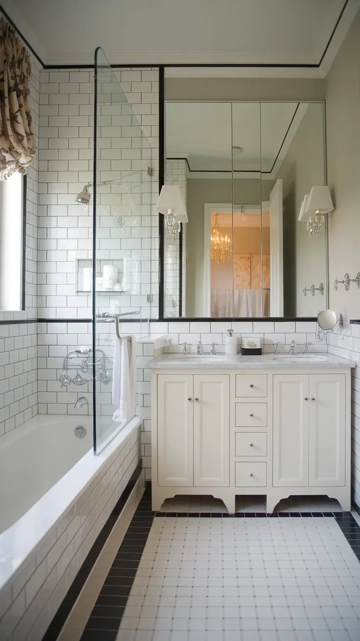 This small master bath, designed for maximum impact in minimal space, showcases chic bathroom design at its finest. The shower remodel features a sleek glass enclosure, complementing the white soaking tub and double vanity. Black and white checkered flooring adds a touch of classic elegance to this inspiring primary bath, perfect for bathroom inspiration decor.