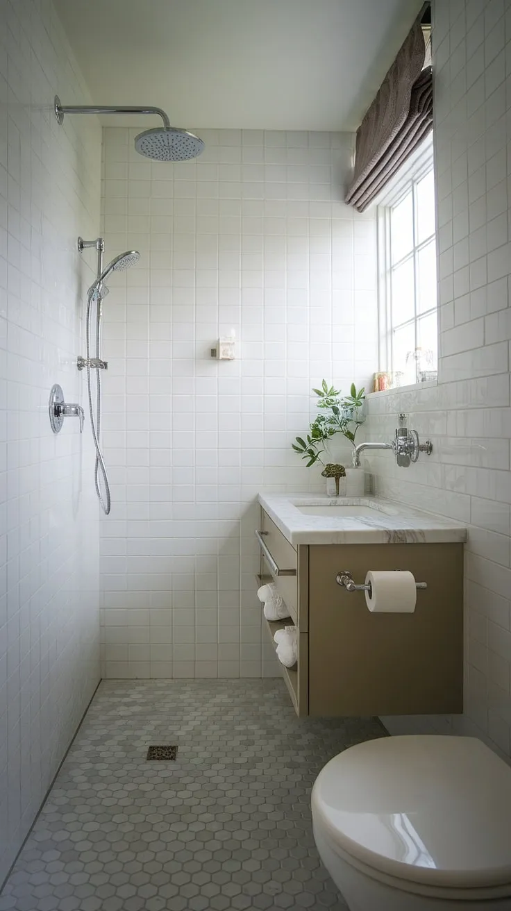 This small master bath proves that chic bathrooms can thrive even in compact spaces. The shower remodel, featuring a rainfall showerhead, is a luxurious touch, complemented by the floating vanity with white marble countertop and wall-mounted faucet. Grey and white hexagonal tiles add a touch of modern elegance to this small bathroom design, making it the perfect bathroom inspiration decor for a stylish primary bath. A small plant adds a touch of nature near the window, completing the look.