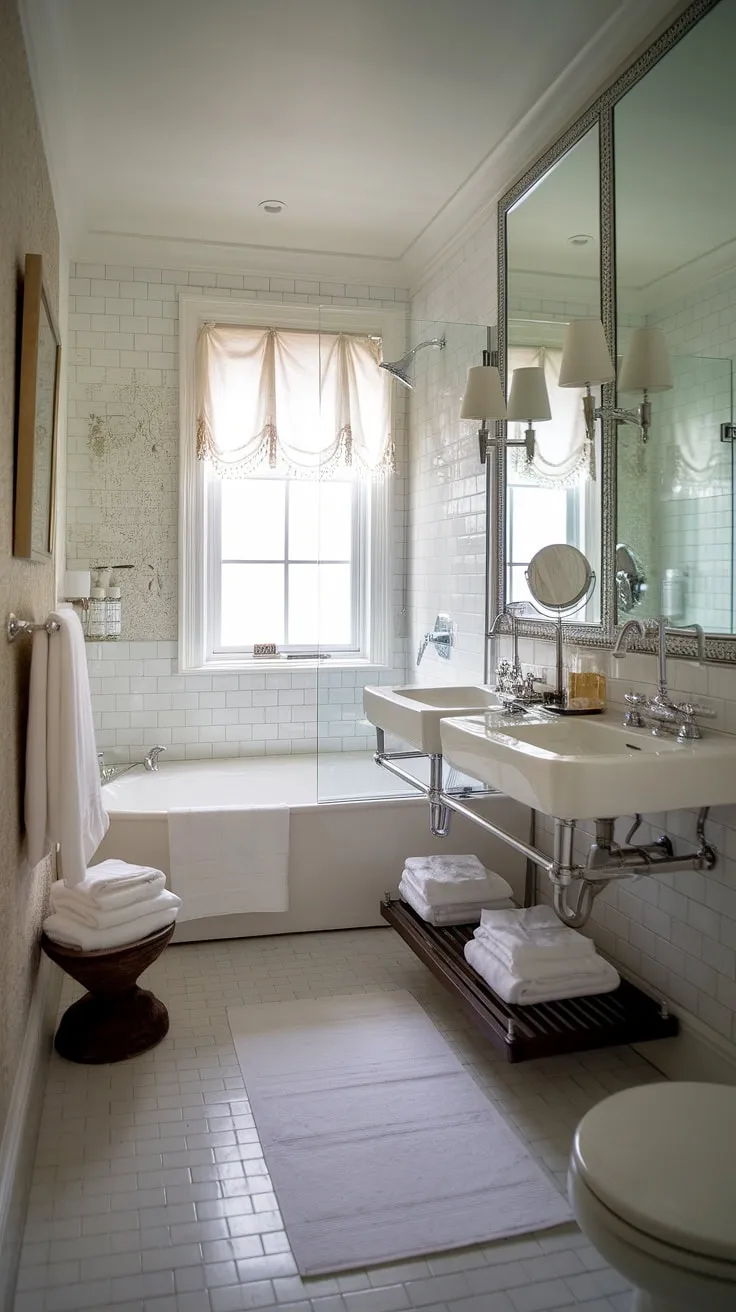 Maximize space and style in your small bathroom design with this chic bathrooms inspiration. This primary bath showcases a successful shower remodel, transforming a small master bath into a haven of calm. The floating vanity with dual sinks, white bathtub, and carefully chosen bathroom inspiration decor create a sophisticated and functional space, perfect for a relaxing start or end to the day.