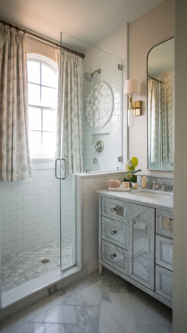 This small master bath, or primary bath as some prefer, proves that chic bathrooms can thrive even in limited spaces. The shower remodel, featuring patterned wall tiles and a glass door, maximizes light and visual appeal. The marble vanity and flooring elevate the small bathroom design, creating a luxurious feel. This bathroom inspiration decor showcases how thoughtful planning can transform a small space into a stylish and functional retreat.