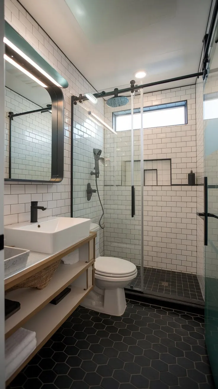 This small master bath boasts a chic design, maximizing space with a floating vanity and sleek black accents. The primary bath is complemented by a stylish shower remodel featuring a rainfall showerhead and glass enclosure. The black and white tile floor adds a touch of modern elegance to this small bathroom design, offering plenty of bathroom inspiration decor.