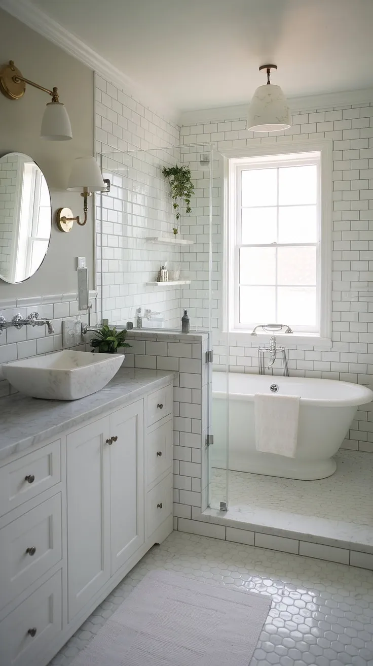 Achieve luxurious small bathroom design in your primary bath with this inspiring small master bath remodel. The crisp white tiles, sleek vanity with marble countertop, and frameless shower enclosure create a chic bathrooms aesthetic. This space proves that even a small bathroom can be a haven of calm, offering plenty of bathroom inspiration decor and showcasing a successful shower remodel.