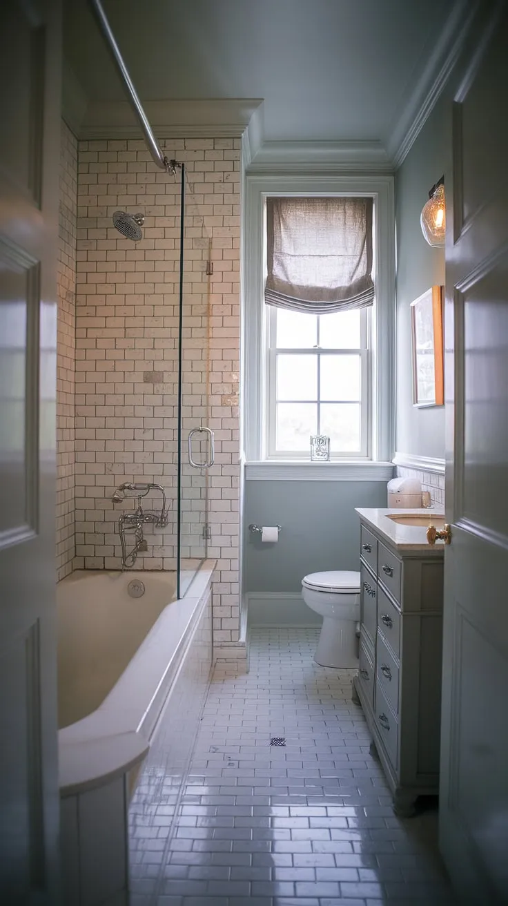 Serene sanctuary: This small master bath, also serving as a primary bath, proves that chic bathrooms can thrive even in small spaces. Small bathroom design at its finest.