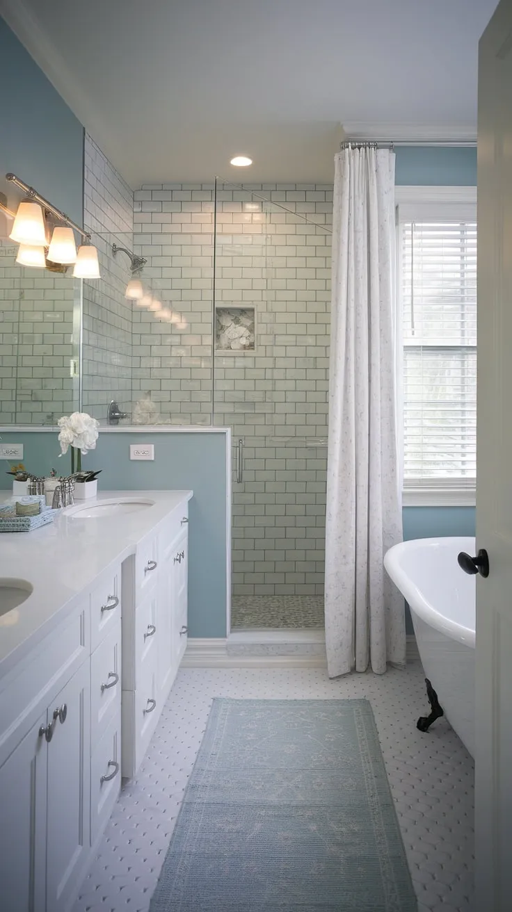 This small master bath proves that chic bathrooms can thrive even in limited space. The shower remodel and light blue accents elevate this primary bath's small bathroom design, offering plenty of bathroom inspiration decor.
