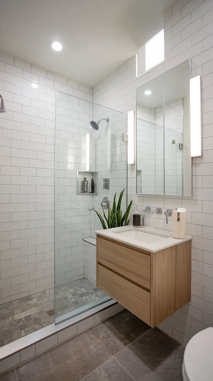 This small master bath, or primary bath as some prefer, proves that chic bathrooms can thrive even in limited spaces. The shower remodel is a standout, and the floating vanity maximizes floor space, creating a bright and airy feel. This small bathroom design is full of bathroom inspiration decor, from the large white subway tiles to the subtle greenery. The gray floor tiles add a touch of modern sophistication.